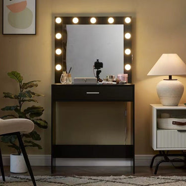 Vanity Desk with Mirror and Lights, Dressing Table with Large Drawer, 1 Level Storage Dresser & 3 Lighting Modes Adjustable Brightness, Suitable for Bedroom(Black)MUTUKISPACE