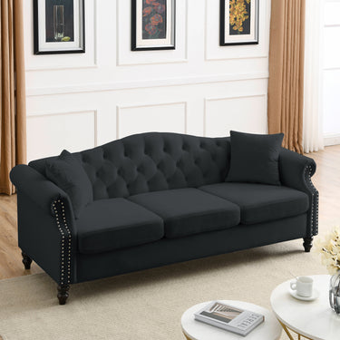 79" Chesterfield Sofa Black Velvet for Living Room, 3 Seater Sofa Tufted Couch with Rolled Arms and Nailhead for Living Room, Bedroom, Office, Apartment, two pillowsMUTUKISPACE