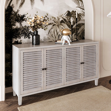 Accent Cabinet 4 Shutter Door Wooden Cabinet Sideboard Buffet Server Cabinet Storage Cabinet, for Living Room, Entryway, Hallway, Office, Kitchen and Dining Room, Distressed WhiteMUTUKISPACE