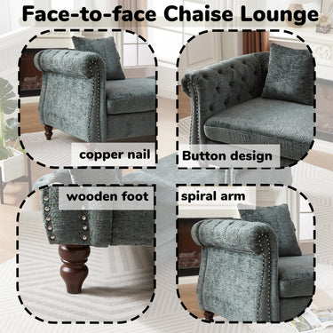 81 - inch Chenille Face - to - face Chaise Lounge with Two Pillows,Nailhead trim,Button Tufted Design and Rolled Arms for Lounge, Living room and OfficeMUTUKISPACE