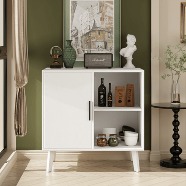 Sideboard Buffet Kitchen Storage Cabinet, Accent Cabinet with Solid Wood Feet for Decorated Doors, Dining Room, Hallway, Cupboard Console Table, Liquor / Accent Cabinet (White)MUTUKISPACE