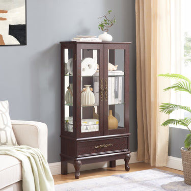 Lighted Glass Curio Cabinet in Dark Cherry, Wine Display Sideboard with Adjustable Glass Shelves, 2 Doors and 1 Drawer, Bulb IncludedMUTUKISPACE