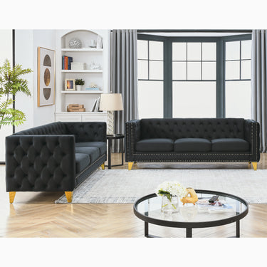 Velvet Sofa for Living Room,Buttons Tufted Square Arm Couch, Modern Couch Upholstered Button and Metal Legs, Sofa Couch for Bedroom, Black Velvet ,2PCSMUTUKISPACE