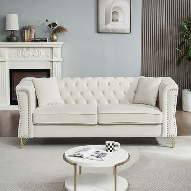 81.8" Chesterfield Sofa Grey Velvet for Living Room, 3 Seater Sofa Tufted Couch with metal foot and Nailhead for Living Room, Bedroom, Office, Apartment, two pillowsMUTUKISPACE