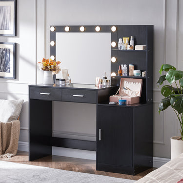 Vanity Desk with Mirror and Lights, 46.4IN Dressing Table with 2 Large Drawer&Large Vertical Organizer, 3 Level Dresser & 3 Lighting Modes Adjustable Brightness, Suitable for Bedroom(Black)MUTUKISPACE