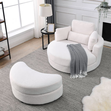 Welike Swivel Accent Barrel Modern Sofa Lounge Club Big Round Chair with Storage Ottoman Linen Fabric for Living Room Hotel with Pillows,Teddy White (Ivory)MUTUKISPACE
