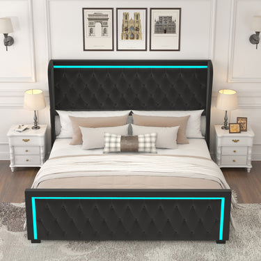 King Platform Bed Frame With High headboard, Velvet Upholstered Bed with Deep Tufted Buttons, Adjustable Colorful LED Light Decorative Headboard, Wide Wingbacks, BlackMUTUKISPACE