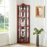 Cherry Lighted Corner Glass Display Cabinet, Curio and Wine Cabinet with Adjustable Glass Shelves and Carved Details, Bulb IncludedMUTUKISPACE