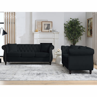 80" Chesterfield Sofa Black Velvet for Living Room, 3 Seater Sofa Tufted Couch with Rolled Arms and Nailhead for Living Room, Bedroom, Office, Apartment, 3S+2SMUTUKISPACE