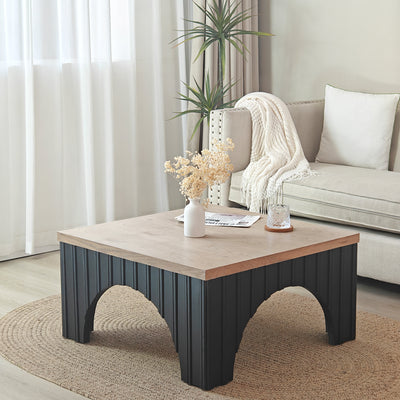 Modern Rustic Wooden Coffee Table w/ Black Base – Solid Wood Top & Arch Legs