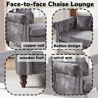 81 - inch Chenille Face - to - face Chaise Lounge with Two Pillows,Nailhead trim,Button Tufted Design and Rolled Arms for Lounge, Living room and OfficeMUTUKISPACE
