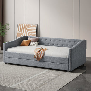 Twin Size Daybed with Twin Size Trundle Upholstered Tufted Sofa Bed, with Button on Back and Copper Nail on Waved Shape Arms - Light GreyMUTUKISPACE