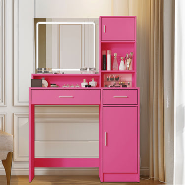 Vanity Desk with Mirror and LED Light Strip,Dressing Table with Large Drawer, 3 Level Storage Dresser & 3 Lighting Modes Adjustable Brightness, Suitable for Bedroom(Rose Pink)MUTUKISPACE