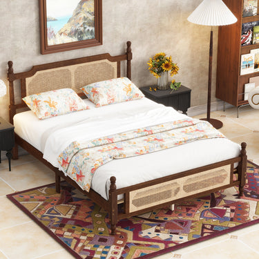 Queen Pine Wood Bed Frame with Rattan Headboard & Footboard and Reinforced Platform SupportMUTUKISPACE