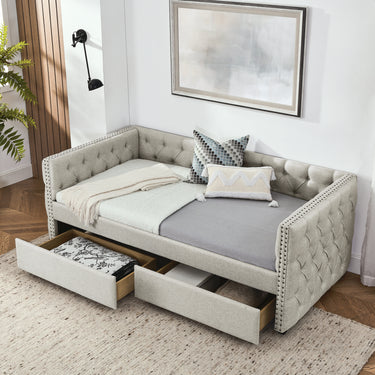 Upholstered Twin Size Daybed with Two Drawers, with Button and Copper Nail on Square Arms, Beige (82.75''x43''x30.75'')MUTUKISPACE