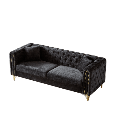 82 - Inch Chenille Pull Buckle Design Sofa for Living Room,Buttons Tufted With Copper Nail Decoration Armrest, Modern Couch Upholstered Button And Metal LegsMUTUKISPACE