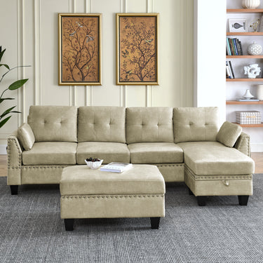 Sectional 3 - Seaters Sofa ,Double - sided multi - functional footstool, storage mat , Non - slip leg, two pillows, Velvet,beigeMUTUKISPACE
