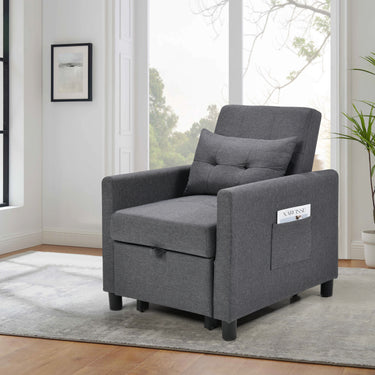 3 - in - 1 Convertible Futon Sofa Bed with Adjustable Backrest, Single Sofa Bed with Pull Out Sleeper, Convertible Futon Chair for Living Room, Side Bag and 1 Lumbar Pillow,Dark GrayMUTUKISPACE