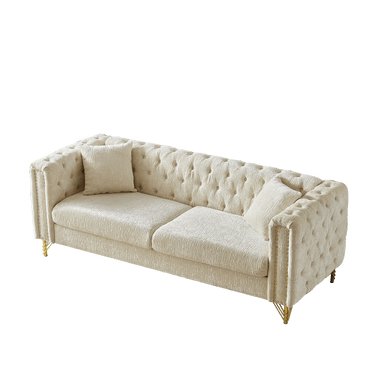 82 - Inch Chenille Pull Buckle Design Sofa for Living Room,Buttons Tufted With Copper Nail Decoration Armrest, Modern Couch Upholstered Button And Metal LegsMUTUKISPACE