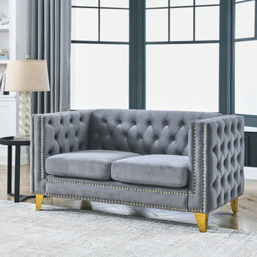 Velvet Sofa for Living Room,Buttons Tufted Square Arm Couch, Modern Couch Upholstered Button and Metal Legs, Sofa Couch for Bedroom, Grey Velvet - 2S(W834S00051)MUTUKISPACE