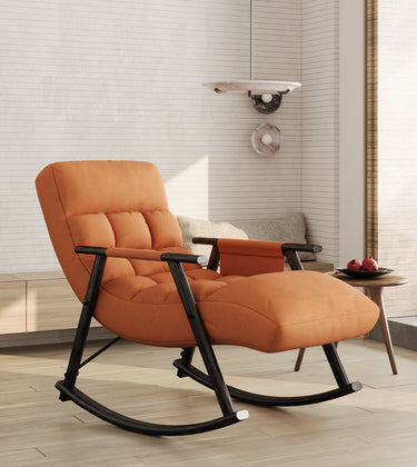 Casual folding rocking chair upholstered, lounge rocking chair adjustable high back and foot rest,side pockets placed in living room bedroom balconyMUTUKISPACE