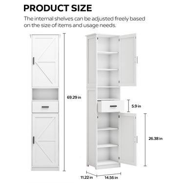 69" H Tall Bathroom Storage Cabinet with 2 Barn Doors and 1 Drawer, Narrow Storage Unit, Adjustable Shelves,Floor Cabinet for Bathroom, Living Room, Entryway,Kitchen,(White)MUTUKISPACE