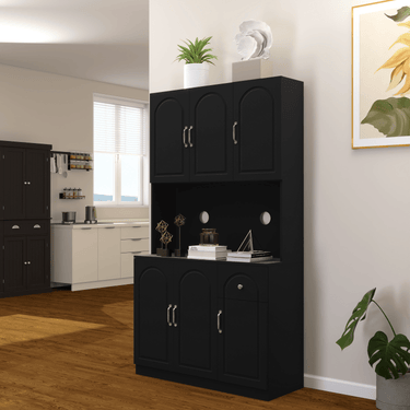 71" Kitchen Pantry Storage Cabinet with Microwave Oven Countertop, Freestanding Hutch Cabinet with Adjustable Shelves, 6 Doors and 1 Drawer - BlackMUTUKISPACE