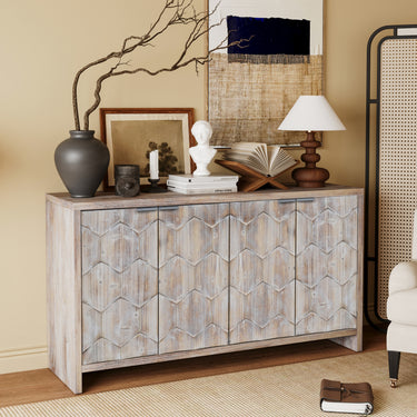 Accent Cabinet Farmhouse Style 4 Door Wooden Cabinet Sideboard Buffet Server Cabinet Storage Cabinet, for Living Room, Entryway, Hallway, Office, Kitchen and Dining Room, Natural Wood WashMUTUKISPACE