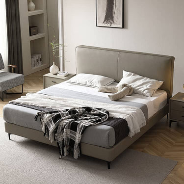 Stylish Grey Faux Leather Bed - Modern Design with Genuine Leather Accents Hersa - 1628MUTUKISPACE