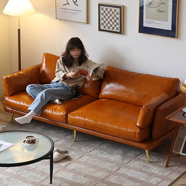 Luxurious Orange Genuine & Faux Leather Sofa with Plush Down Comfort Hersa - 1648MUTUKISPACE