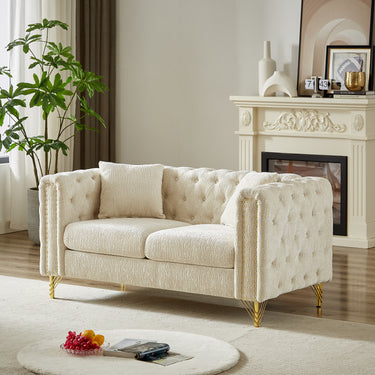 60 - Inch Chenille Pull Buckle Design Sofa for Living Room,Buttons Tufted With Copper Nail Decoration Armrest, Modern Couch Upholstered Button And Metal LegsMUTUKISPACE