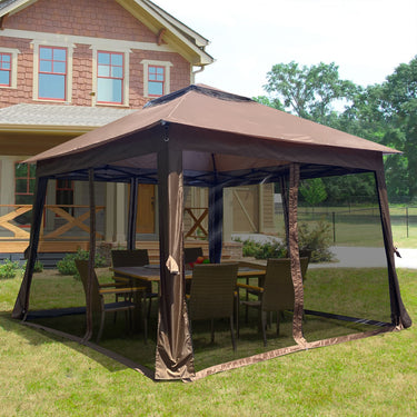 11×11ft Outdoor Pop - Up Gazebo – 2 - Tier Soft Top with Removable Zipper Netting, 4 Sandbags (Brown)MUTUKISPACE