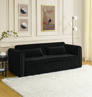 3 in 1 Pull - Out Bed Sleeper, Modern Upholstered 3 Seats Lounge Sofa & Couches with Rolled Arms Decorated with Copper Nails , Convertible Futon 3 Seats Sofabed with Two Drawers and Two PillowsMUTUKISPACE