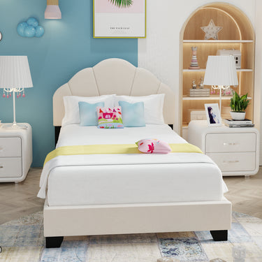 Upholstered Twin Size Platform Bed for Kids, Wooden Bed Frame with Slatted Bed Base, No Box Spring Needed, Cute Bed Frame with Shell Design Headboard for Girls Boys Teens, BeigeMUTUKISPACE