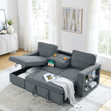 Linen Upholstered Sleeper Sectional Sofa, Shaped Modular Convertible Sofa with Storage Chaise,There are two cup holders in the middle and USB multi - interface function,Pull Out Sleep Couch Bed ,GreyMUTUKISPACE