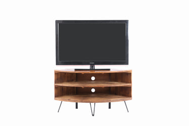 Fan Shape Reclaimed Wood Corner Media Table for Living Room Wise Use Your SpaceMUTUKISPACE