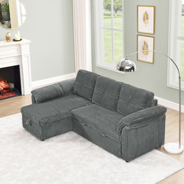 Corduroy Tufted Upholstered Sleeper Sectional Sofa, L - Shaped Modular Convertible Sofa with Storage Chaise, Pull Out Sleep Couch Bed and Reclining Backrest Perfect for Living Space,GreyMUTUKISPACE