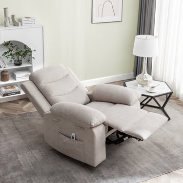 Power Recliner Chair with Adjustable Massage Function, Velvet Electric Power Chair for Elderly with One Side Pockets, Recliner Chair with Heating System for Living Room,BeigeMUTUKISPACE