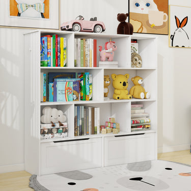 Toy Storage Organizer with 2 Movable Drawers, Multi - Functional 7 Shelf Kids Bookcase with 2 Hooks, Children Book Shelf for Kids Room, Nursery Storage Book Rack for Playroom, Classroom - WhiteMUTUKISPACE
