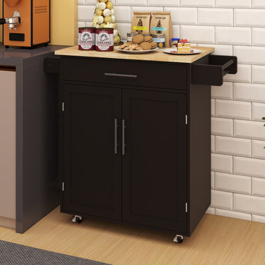 Kitchen island rolling trolley cart with 1 drawer & 2 doors with Adjustable Shelves & towel rack & seasoning rack rubber wood table top - BlackMUTUKISPACE