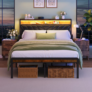 Full size Platform Bed Frame with 105 - Degree Tilted Upholstered Headboard, Charging Station, LED Lights, Noiseless, Black and BrownMUTUKISPACE