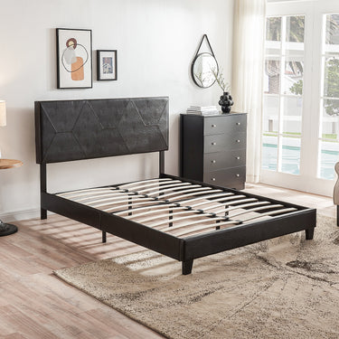 Queen Size Upholstered Platform Bed Frame ,Wood Slat Support, Easy Assembly,Black, puMUTUKISPACE