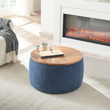 Round Storage Ottoman, 2 in 1 Function, Work as End table and Ottoman, Navy (25.5"x25.5"x14.5")MUTUKISPACE