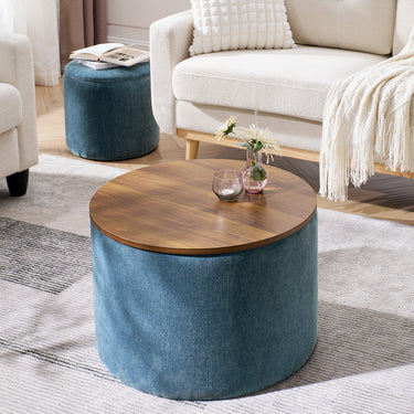 2 - Piece Set Round Chenille Storage Ottoman, Equipped with a Drum Shaped Small Stool, Storage Space, and MDF Made Desktop Panel (Dark Blue23.62"x23.62"x16.53")MUTUKISPACE