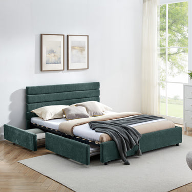 Modern Queen Size Upholstered Bed with Headboard, Comfortable Green and Blue Fabric Platform Bed FrameMUTUKISPACE
