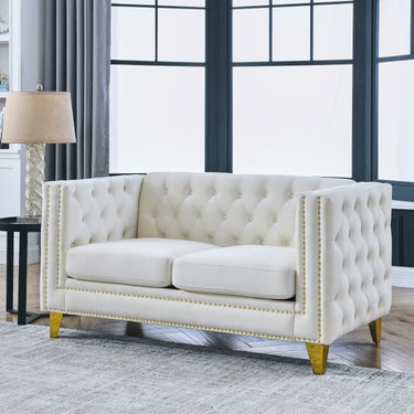 Velvet Sofa for Living Room,Buttons Tufted Square Arm Couch, Modern Couch Upholstered Button and Metal Legs, Sofa Couch for Bedroom, Beige Velvet - 2SMUTUKISPACE