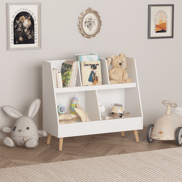 Kids Bookshelf and Toy Organizer, 5 Cubbies Wooden Open Bookcase, 2 - Tier Baby Storage Display Organizer with Legs, Free Standing for Playing Room, Bedroom, Nursery, Classroom, WhiteMUTUKISPACE