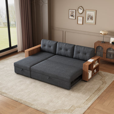 Upholstered Pull Out Sectional Sofa with Storage Chaise, Convertible Corner Couch, Dark Grey - Wooden handrailMUTUKISPACE