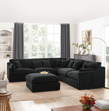 6 - Seats Modular L - Shaped Sectional Sofa with Ottoman,10 Pillows, Oversized Upholstered Couch w/Removabled Down - Filled Seat Cushion for Living Room, Chenille BlackMUTUKISPACE