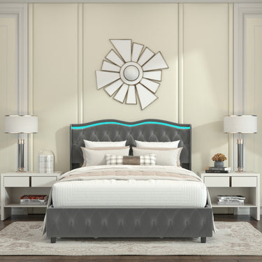 Queen Platform Bed Frame , Velvet Upholstered Bed with Deep Tufted Buttons and Nailhead Trim, Adjustable Colorful LED Light Decorative Headboard, Bed Sides with Pull - Out Storage 4 Drawers, GreyMUTUKISPACE